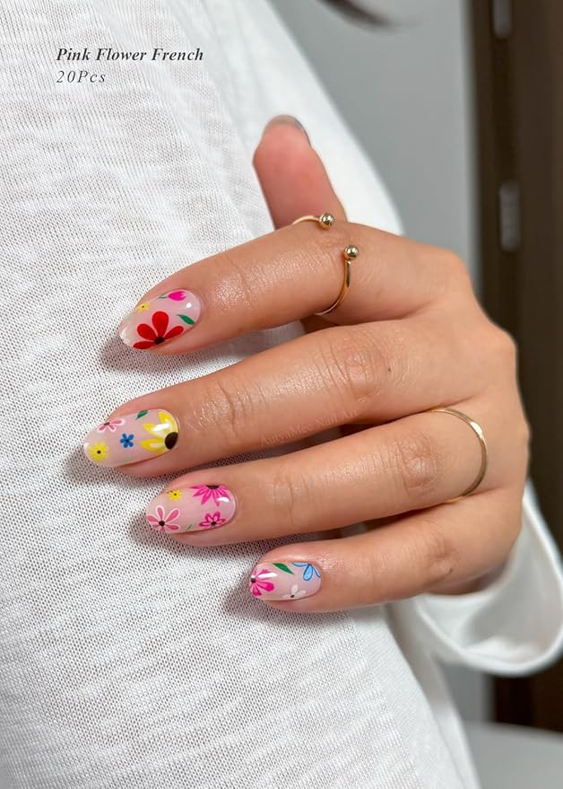 Semi Cured Gel Nail Strips (Cute Flower), 20 Pcs Summer Pink Gel Nail Wraps, Stickers, UV Light Required, Salon Quality, Long Lasting