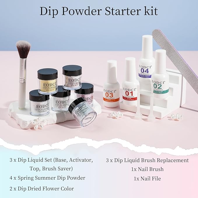 Dip Powder Nail Transparent Crystal Dried Flower Set, 6 Colors Dipping Powder Kit With Base & Top Coat/Activator/Brush Saver, Nail Art Manicure Salon DIY for Daily at Home Party Gifts for Women