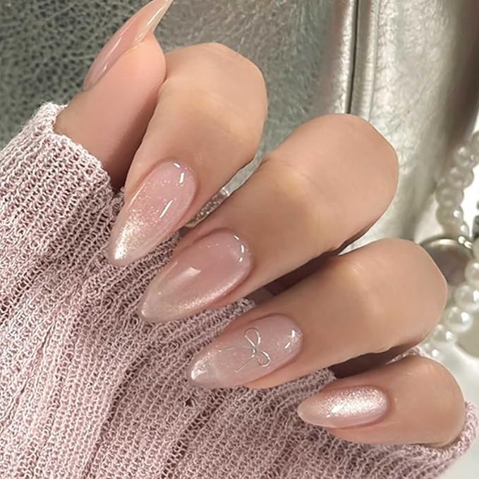 Hkanlre Cat Eyes Press on Nails Almond Pink Fake Gradient Nails Tips Full Cover False Medium Nails for Women 24PCS