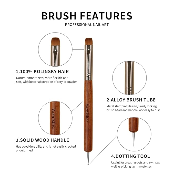 100% Pure Kolinsky Hair French Tip Nail Art Brush Sandalwood Handle Gel Acrylic Nail Dotting Tool for Manicure Clean Up and Dotting Manicure Tool Professional Nail Brush - Size 10, 1.0 Count