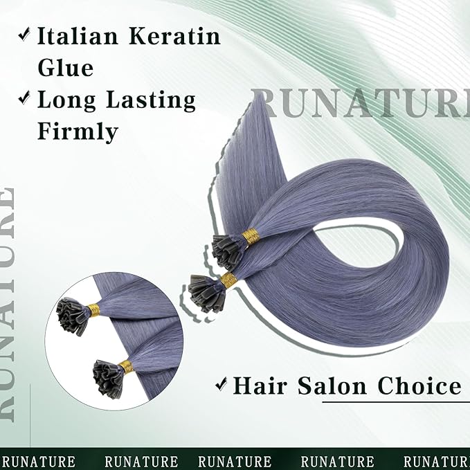 RUNATURE U Tip Hair Extensions Real Human Hair 22 Inch 25g Light Blue Hair Extensions Invisible Hot Fusion Blue Extensions Hair Highlight Party Long Lasting Comfortable for All Day Wearing 25s