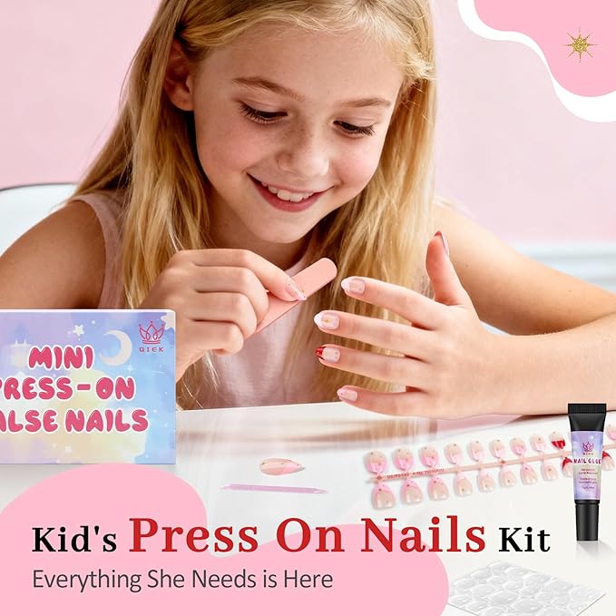 16 Sizes Press on Nails Kit for Kids - 32 Pieces French Almond Fake Nail Tips for Girls 8-12 Years Old with Jelly Nail Adhesives & No-Lamp Nail Glue, Birthday Christmas Gifts(Rose Pink French)