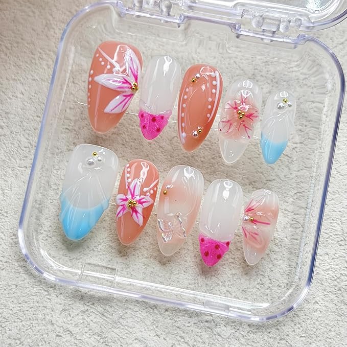 10 Pcs French Fake Nails Almond Medium Handmade Press on Nails with 3D Colorful Butterfly Flower Pearl Design Artificial Shell Shape Acrylic Full Cover Hand Made Press on Nail for Women（Size M）