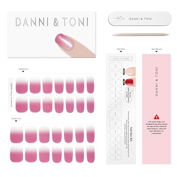 DANNI & TONI Semi Cured Gel Nail Strips Pink Transparent Ombre Pearlescent Gel Nail Wraps 28 Stickers | Mauve Breath