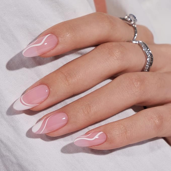 BTArtbox Press On Nails Medium - Soft Gel French Tip Press On Nails, Almond Glue On Nails with Nail Glue, Reusable Stick On Nails in 15 Sizes, White Swirl