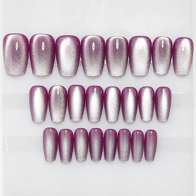 Fall Purple Medium Press On Nails, Cat Eye Coffin Press On Nails, Crystal Glow Design, Ice Glossy Gel Purple Fake Nails, Reusable Acrylic Stick On Nails for Women, Moonlit Amethyst