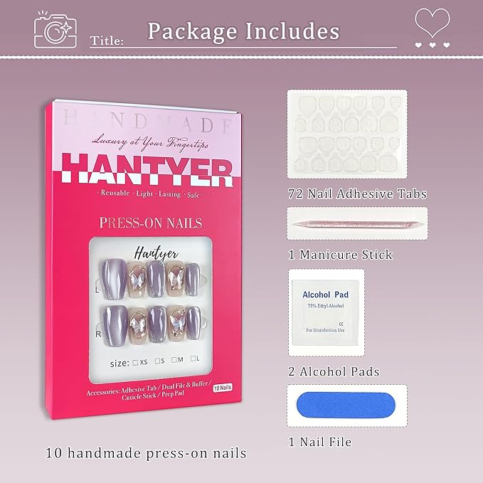 Press on Nails, Medium Coffin Fake Nails, Purple Cat Eye & Hand-Painted Silver Lines, Butterfly Accents & Icy Lavender Glow, Gel Nails Sweet Style for Women Daily Wear & Party Events(Size XS)