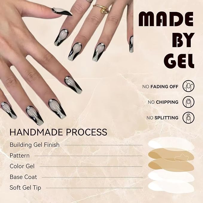 Press On Nails for Women - French Tip Fake nails,BLACK Nails with A Mesmerizing Metallic Finish,24pcs with Jelly Glue