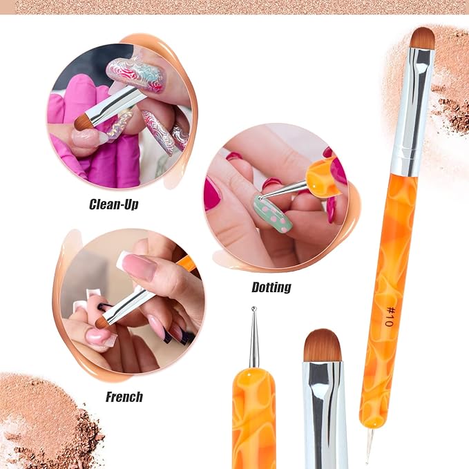French Manicure Brush - Two Way Nail Art Brush with Dotting Tool for Manicure Cuticle Clean Up - Professional Salon Quality, Nail Dotting Pen (10#, Orange)