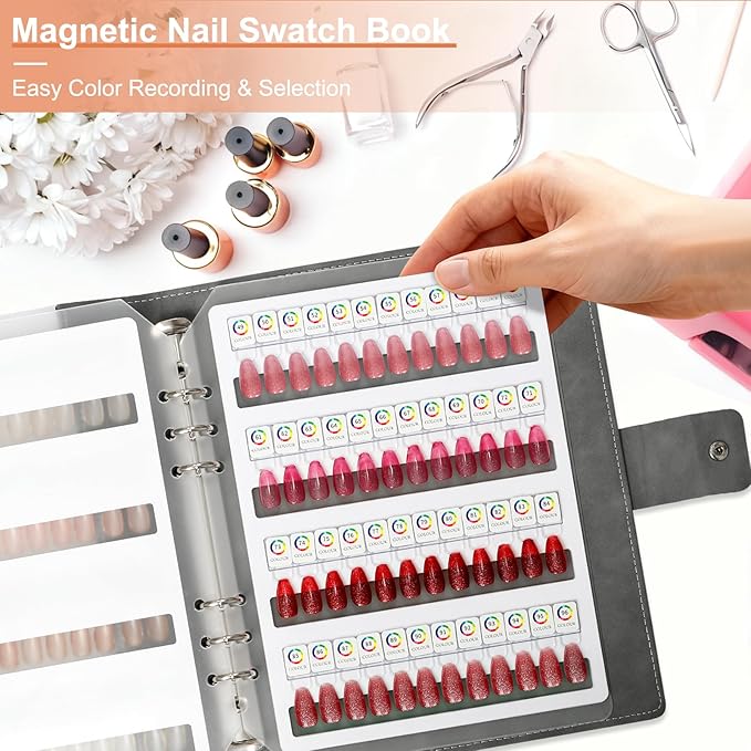 48 Magnetic Nail Swatch Book,Leather Nail Color Display Book with 48 Magnetic Tips & Number Labels,Professional Nail Salon Color Display Book for Easy Preview & Storage