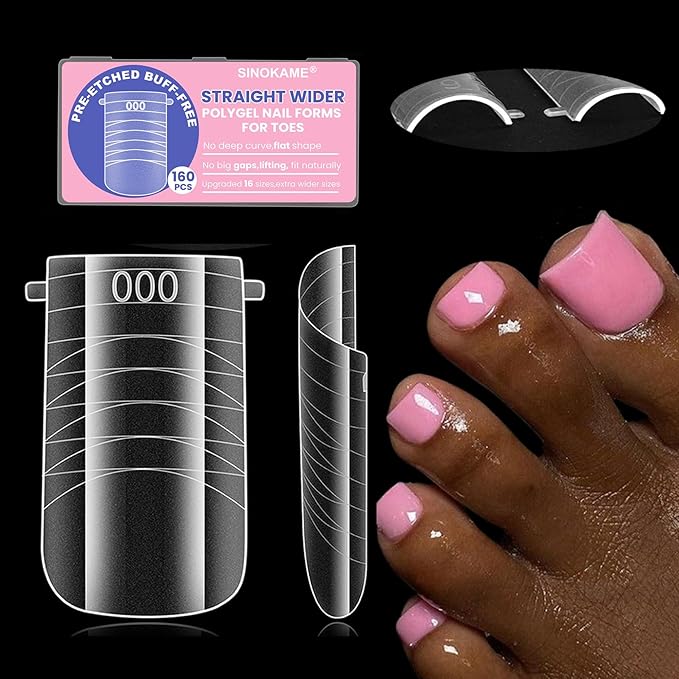 Wide Pre-etched Square Toe Dual Forms for Polygel,SINOKAME Poly Gel Toenail Forms Molds Extension Reusable,No File Needed,16 Sizes (000-13) with French Guidelines for Salon Home DIY,160Pcs