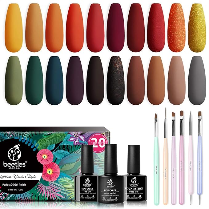 Beetles 20 Pcs Gel Polish Kit - Cozy Campfire Collection Fall Winter Orange Yellow Green Soak Off Lamp Base Top Coat Nail Art Brushes Set Design Pen