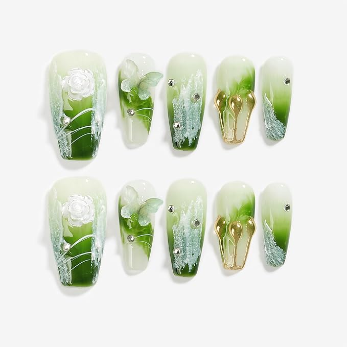 Handmade Press On Nail Medium Long Coffin Ballerina Green Flower Butterfly Fake Tip 3D Design Art Charms Cute with Storage Box 10 Pcs (#009 L)