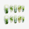 Handmade Press On Nail Medium Long Coffin Ballerina Green Flower Butterfly Fake Tip 3D Design Art Charms Cute with Storage Box 10 Pcs (009 S)
