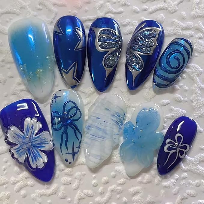 Blue Press on Nails Medium Almond Fake Nails Flower Butterfly Full Cover Glue on Nails with Silver Star Designs Stick on Nails Blue Bow Artificial False Nail Decor for Women Manicure Supplies 30pcs