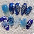 Blue Press on Nails Medium Almond Fake Nails Flower Butterfly Full Cover Glue on Nails with Silver Star Designs Stick on Nails Blue Bow Artificial False Nail Decor for Women Manicure Supplies 30pcs