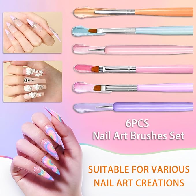 6PCS Nail Art Brushes Set, Nail Design Painting Brushes Builder Gel Brush Nail Dotting Tools Nail Fine Liner Brushes for Nail Extension Multifunctiona (N6 TGS)