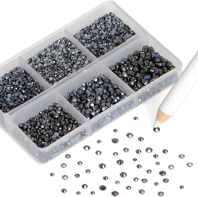 NCB Hotfix Iron on 8000pcs Crystal Rhinestones Round Gem for Crafts Decoration DIY Jewelry Making with a Picking Pen (Hematite Black, 6Sizes SS3-SS12)
