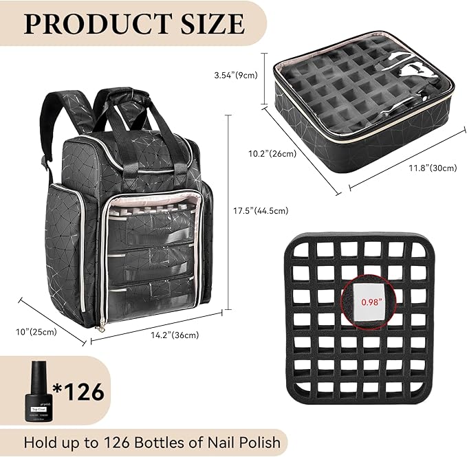 JEWHITENY Extra Large PU Nail Polish Organizer: Holds 126 Bottles (15ml), Nail Kit Store Bag with 3 Removable Case,Shoulder straps, Handle, Luggage Straps,Portable Nail Storage Travel Bag for Nail Pro