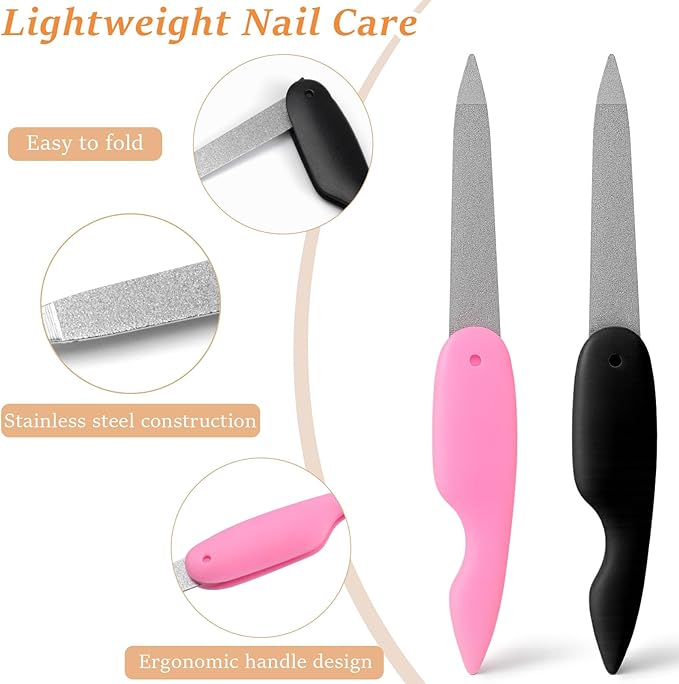 4PCS Folding Metal Nail Files – Stainless Steel Double-Sided Cuticle & Nail Care Tools for Men and Women (2 Pink + 2 Black)