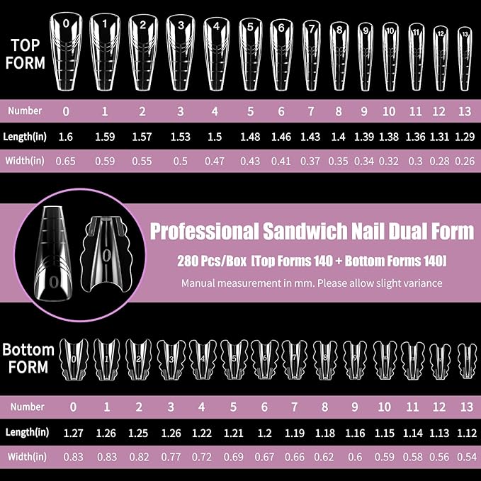 280 Pcs Original Sandwich Nails Dual Form with Guide Lines Long Ballerina Nail Mold for Builder Gel Nail Extensions Art Design Salon DIY at Home