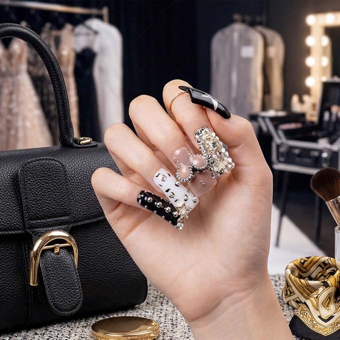 10 Pieces Luxury Acrylic Press On Nails Long Handmade Duck Nails, White And Black Thickened False Nails, Exaggerated Lips And 3D Dollar Sign, Reusable Fake Nails, Acrylic Nails (L)