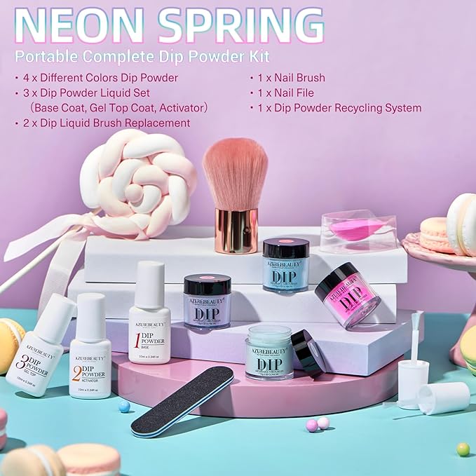 AZUREBEAUTY Dip Powder Nail Kit Starter, Spring Summer Bright Pastel Green Hot Pink Purple 4 Colors Dipping Powder Liquid Set with Base/Top Coat Activator for French Nail Art Manicure DIY Easter Gift
