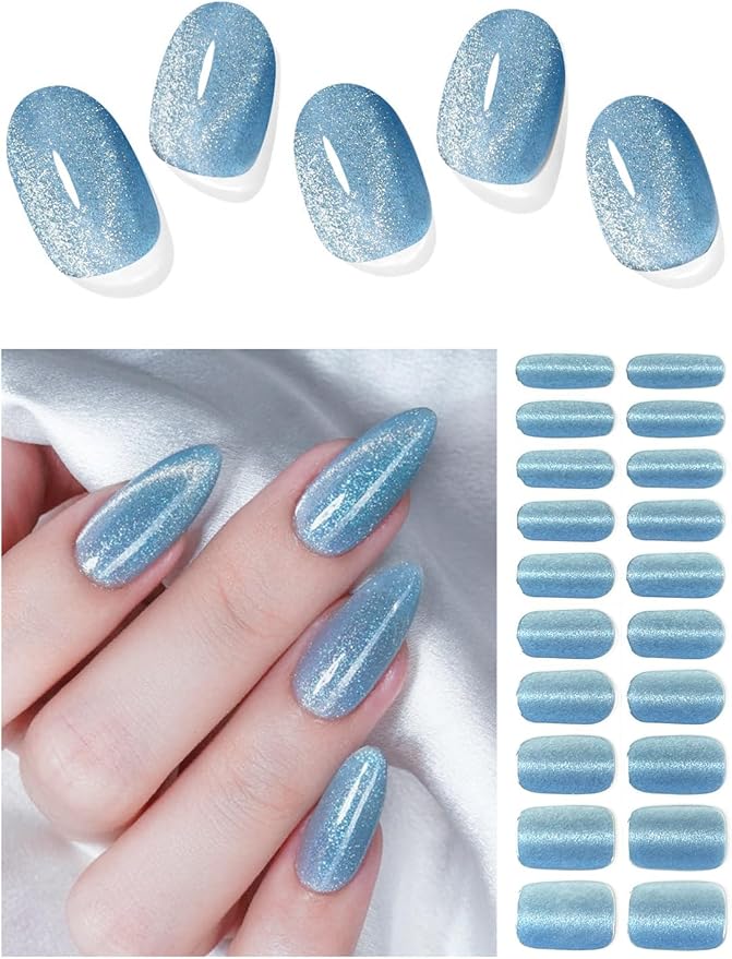 Semi Cured Gel Nail Strips (Powder Blue Cat Eye), 20 Pcs Gel Nail Wraps, Stickers, UV Light Required, Salon Quality, Long Lasting