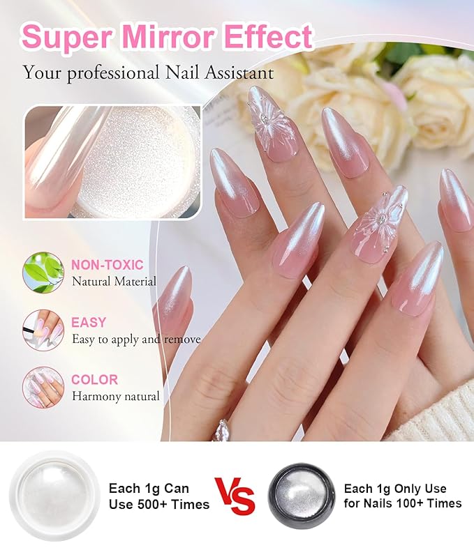 Pearl Chrome Nail Powder BISHENGYF -【Fairy Effect】Pink Chrome Nail Powder White Pearlesent Aurora Mermaid Iridescent Nail Chrome Powder, Metallic Mirror Glitter Pigment Dust For Nail Art DIY 2PCS