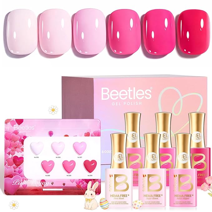 Beetles Pink Gel Polish Set - Pinks Escape 15ML/0.51Fl Oz, 6 Colors Hema Free Pink Gel Nail Polish Set, Same Color Same Bottle, Valentines Nails, Long Lasting Soak Off UV LED Nail Lamp Gifts for Her