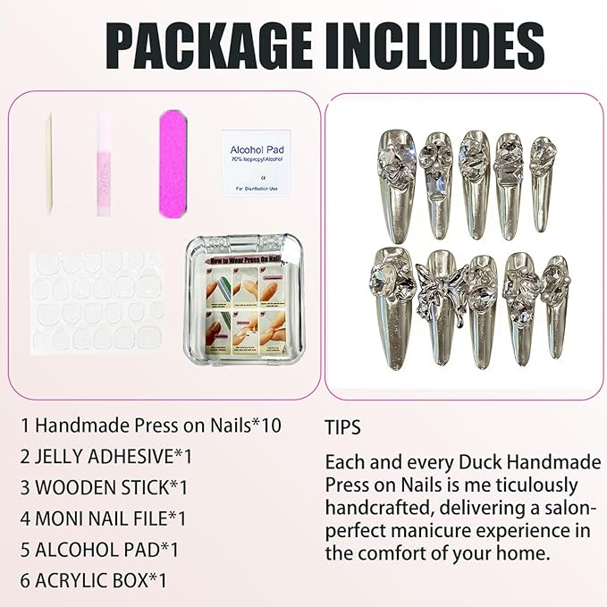 Handmade Press on Nails Stiletto Full Diamond Butterfly Metal Decoration on Long Pointed Magic Mirror Silver Sweet and Cool Retro Handmade Stiletto Press on Nails 3D Luxury Press on Nails（S）