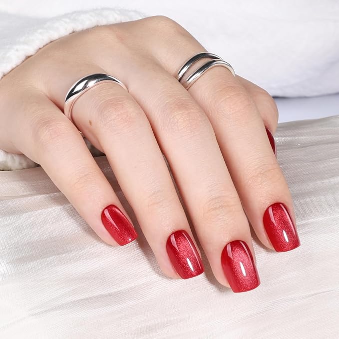 Red Cat Eye Press On Nails - Short Square Press on Nails Crimson Nails Press Ons for Women Glossy Fake Nails Kit with Glue, DIY Glue on Nails Short in 15 Sizes - 30pcs, Velvet Red
