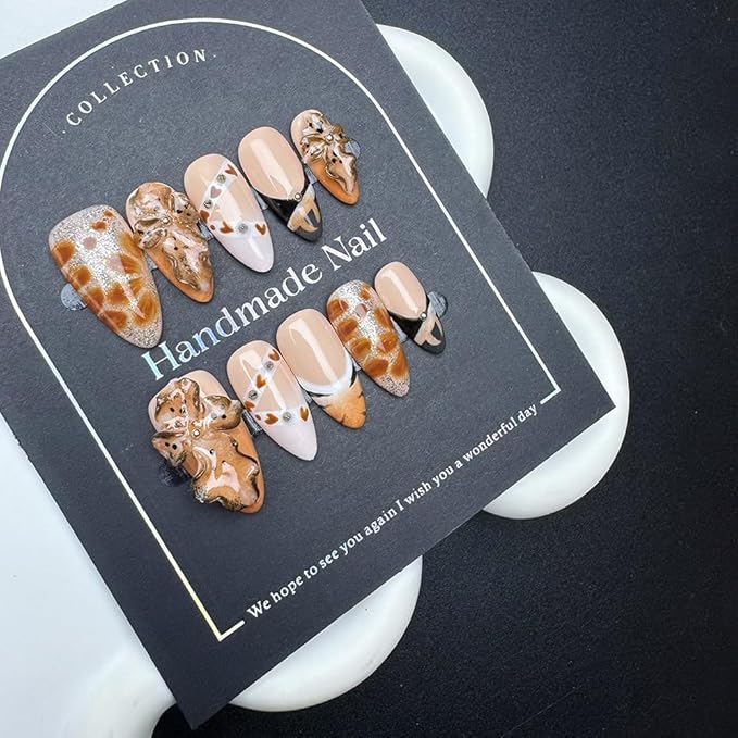 100% Handmade Press on Nails Medium Almond Handmade Nails with Rhinestone Flower Charm Design Brown False Nails Leopard Print Nail Press ons Reusable Acrylic Fake Nails for Women Size M 10Pcs