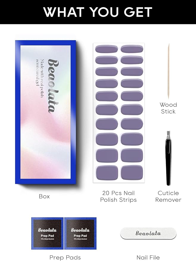 Semi Cured Gel Nail Strips - UV Light Gel Nail Stickers - 20 Long Lasting Salon Quality Wraps (Violet Moonlight)