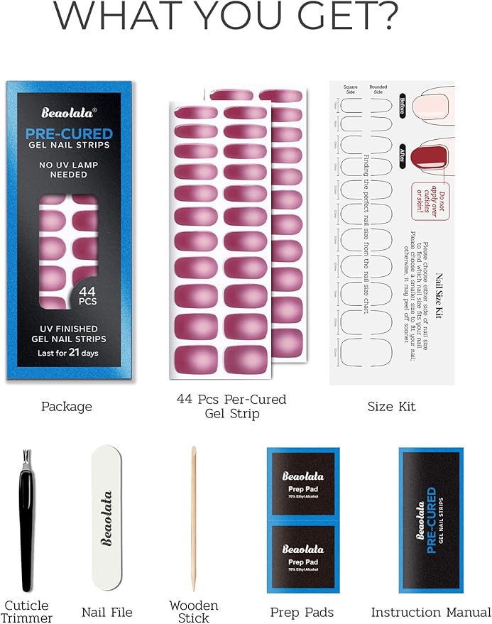 Real Gel Nail Strips (No UV Light Needed) - 44Pcs Salon Quality Nail Stickers - Long Lasting Polish Wraps for Women, Easy Apply & Remove (Bold Pink)