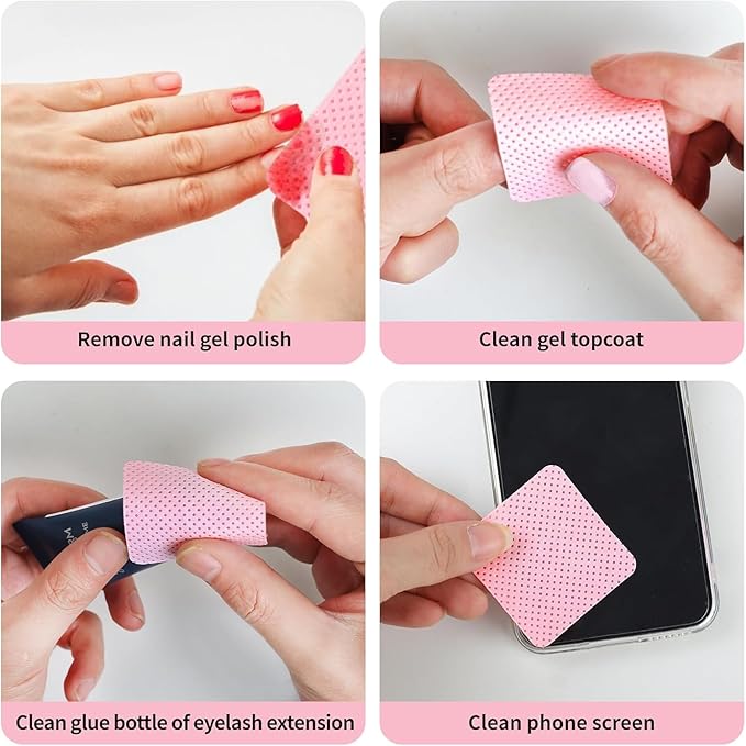 600 PCS Lint Free Nail Wipes,Non-Woven Fabric Nail Cleaning Pads Lash Extensions Glue Cleaning Wipes,accompanied by 1 Empty Pump-Style Bottle Dispenser Nail Care Set (Pink and white)