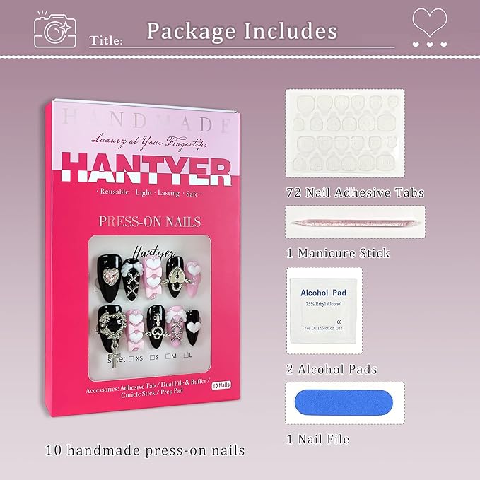 10Pcs Y2K Press on Nails with Tools Kit, Medium Almond Glossy Nails in Pink & Black, Handmade Nails with 3D Metal Charms (Heart/Cross) & Rhinestones, Edgy Punk Style for Women(Size S)