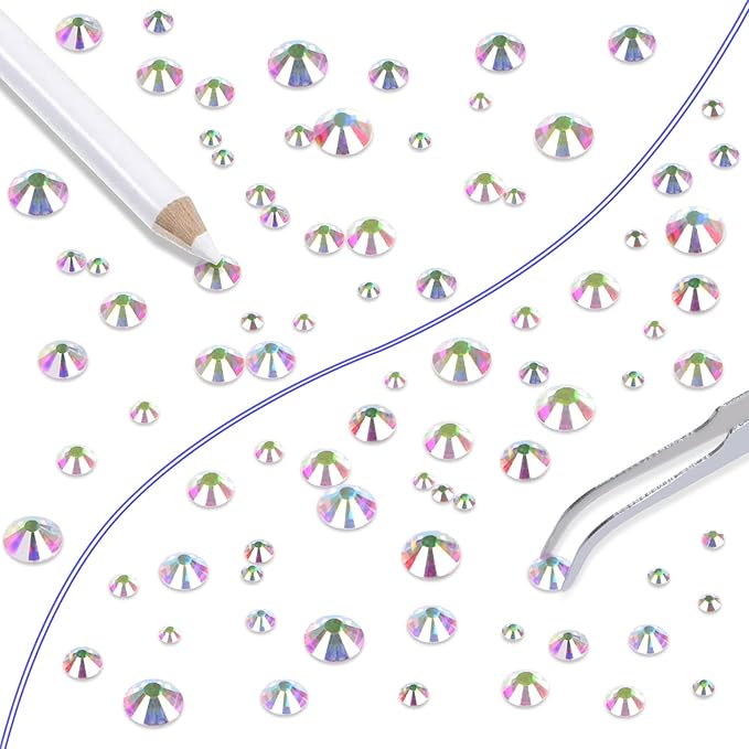 LPBeads 6000 Pieces Clear AB Non Hotfix Rhinestones 6 Sizes Round Crystal Glass Flat Back Rhinestones with Tweezers and Picking Pen for Nail Art Crafts Clothes Bags DIY