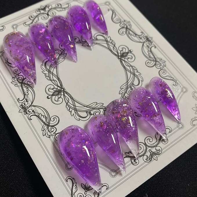 Luxury Press on Nails Medium Stiletto Handmade Eagle Claw Unique Reusable ABS Material Purple Fake Nails Cat Claw False Nails with Solid Colour Designs Glossy Glue on Nail Curved Thick Acrylic Nail(M)