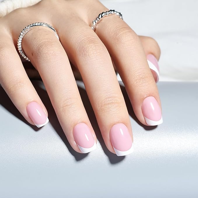 French Tip Press On Nails - Short Square Press on Nails Pink White Tips Nails Press Ons for Women Fake Nails with Glue, Glossy Reusable Glue on Nail in 15 Sizes - 30pcs, Dusty Lavender