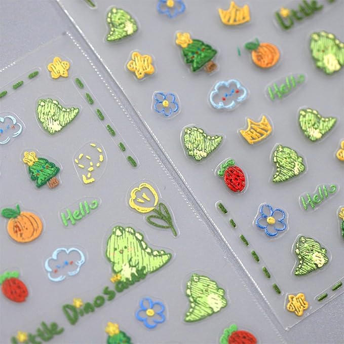 Dedyel Cute Nail Stickers 5D Embossed Cartoon Dinosaur Kawaii Animal Self-Adhesive Nail Decals for Women Girls Kids Nail Art Decoration