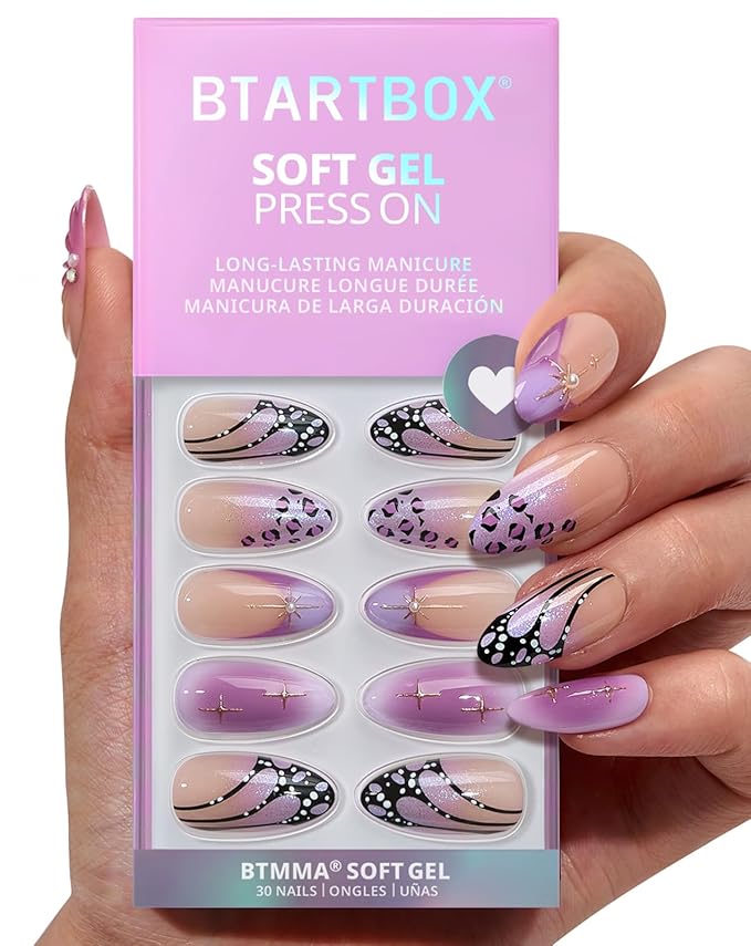 BTArtbox Press On Nails Medium - 3D Purple Butterfly French Tip Almond Press On Nails with Glue for Women, Opaque Soft Gel Glue On Nails in 15 Sizes - 30 Stick On Nails Kit, Flutter Besties