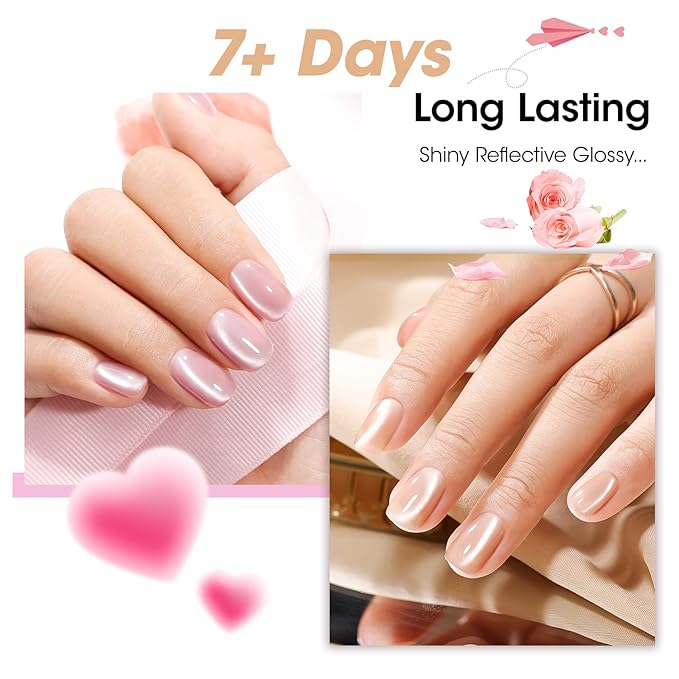 GELLEN Quick Dry Cat Eye Nail Polish Kit, Pink Silver Champagne Magnetic Fingernail Polish, Fast Drying Glitter Nail Lacquer Non Gel with Magnet Tool, DIY Salon Home