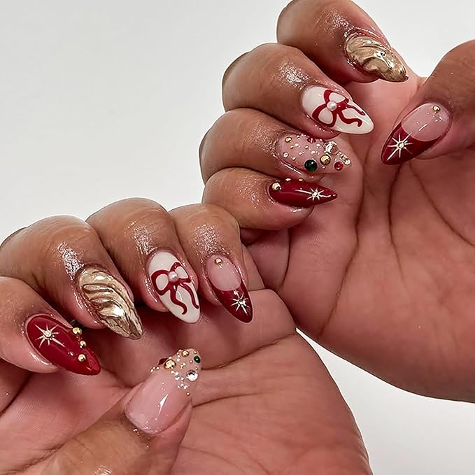 Christmas Press on Nails Medium Almond MABKJLF Fake Nails French Tip False Nails with Rhinestones Bow Pearls Designs Full Cover Glossy Glue on Nail Acrylic Nails for Women Girls 24Pcs