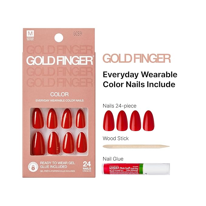 Goldfinger False Nails Kit, Red Fake Nails, Ready to Wear Gel & Manicure Stick Included, Medium Almond Shape, Long-Lasting Hottest Trend Glue on Nails, Convenient & Easy to Apply (Scarlet)