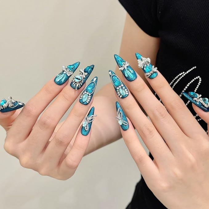 Handmade Press on Nails Stiletto Heavily Embellished with Full Diamonds The Luxurious Blue Evil Eye Handmade Stiletto Press on Nails 3D Luxury Press on Nails（L）