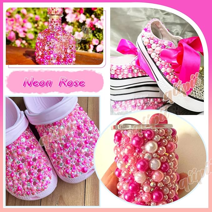 2 Styles Solid Hot Pink+ Rose Pink AB Flatback Pearls for Bedazzling Crafting 3mm-10mm Half Round Pearls Beads Gems Bedazzler Kit for Nails Face Eyes Makeup Tumblers Bottles DIY Crafts Shoes﻿