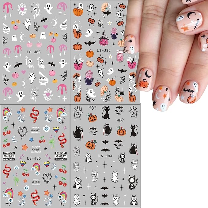 8Sheets Halloween Nail Art Stickers Cute Ghost Pumpkin 3D Self-Adhesive Nail Decals Spider Web Bat Cat Skull Designs Nail Decorations Halloween DIY Manicure Nail Supplies for Women Girls&Kids…