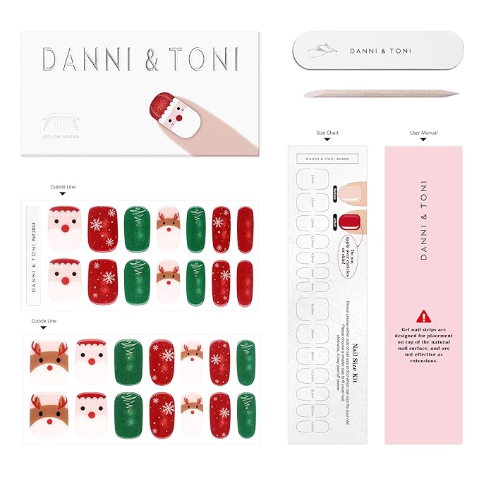 DANNI & TONI Semi Cured Gel Nail Strips Christmas Santa Claus Snowflakes Cat Eye Gel Nail Wraps 28 Stickers | Mistletoe Meow
