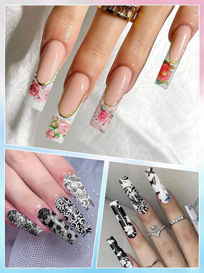 Kalolary 30ML Nail Foil Glue Gel with 20Pcs Foil Transfer Stickers Set, Starry Sky Lace Flower Transfer Stickers DIY Decoration for Salon or Home Use